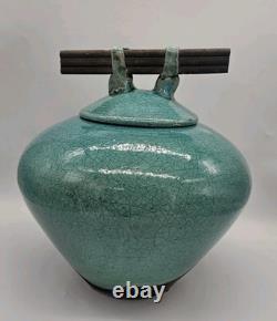 Vtg MARK HINES Studio RAKU Art Pottery XLG Lidded Vessel Turquoise 12x12