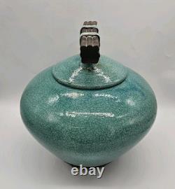 Vtg MARK HINES Studio RAKU Art Pottery XLG Lidded Vessel Turquoise 12x12