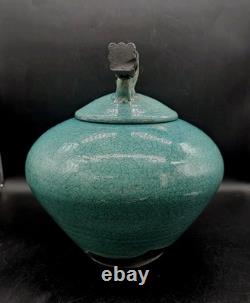 Vtg MARK HINES Studio RAKU Art Pottery XLG Lidded Vessel Turquoise 12x12