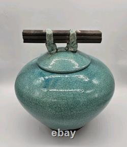 Vtg MARK HINES Studio RAKU Art Pottery XLG Lidded Vessel Turquoise 12x12