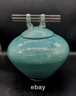 Vtg MARK HINES Studio RAKU Art Pottery XLG Lidded Vessel Turquoise 12x12