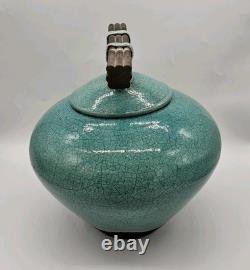 Vtg MARK HINES Studio RAKU Art Pottery XLG Lidded Vessel Turquoise 12x12