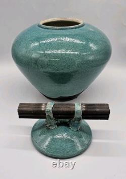 Vtg MARK HINES Studio RAKU Art Pottery XLG Lidded Vessel Turquoise 12x12