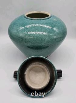 Vtg MARK HINES Studio RAKU Art Pottery XLG Lidded Vessel Turquoise 12x12