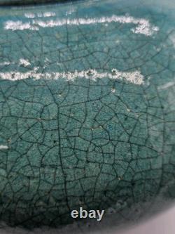 Vtg MARK HINES Studio RAKU Art Pottery XLG Lidded Vessel Turquoise 12x12