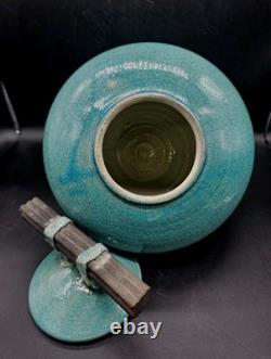Vtg MARK HINES Studio RAKU Art Pottery XLG Lidded Vessel Turquoise 12x12