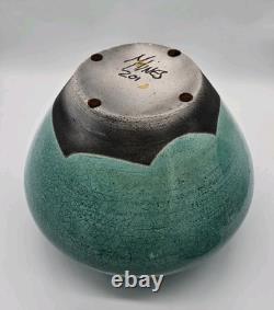 Vtg MARK HINES Studio RAKU Art Pottery XLG Lidded Vessel Turquoise 12x12