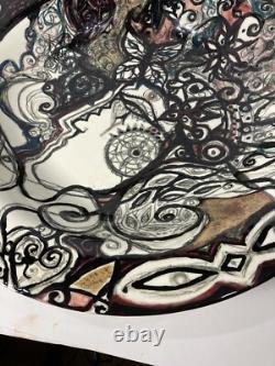 Vtg MCM Large 18.5 Finely Done Intricate Abstract Design Ceramic Bowl -Signed
