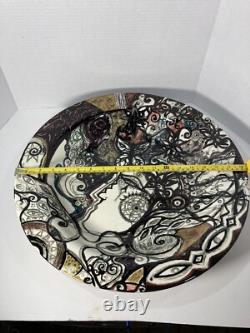Vtg MCM Large 18.5 Finely Done Intricate Abstract Design Ceramic Bowl -Signed