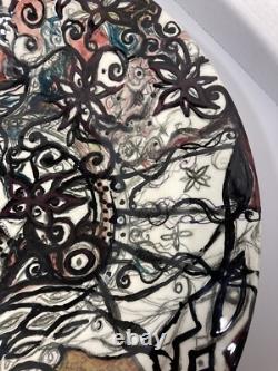 Vtg MCM Large 18.5 Finely Done Intricate Abstract Design Ceramic Bowl -Signed