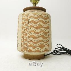 Vtg MID CENTURY 1979 STONEWARE Studio Pottery Incised Earthy Table LAMP Signed