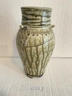 Vtg Marcia Bug NC Studio Pottery Vase Green Leaf Imprint 3 Accent Handles Signed