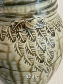 Vtg Marcia Bug NC Studio Pottery Vase Green Leaf Imprint 3 Accent Handles Signed