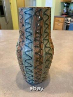 Vtg Mid Century Japanese Redware Studio Pottery Vase Stripes Abstract Textured