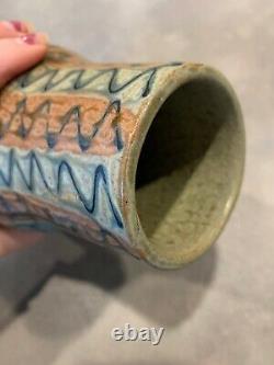 Vtg Mid Century Japanese Redware Studio Pottery Vase Stripes Abstract Textured