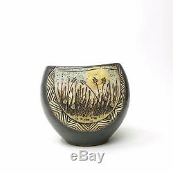 Vtg Mid Century Japanese Signed Studio Pottery Vase Etched Wheat Floral Relief