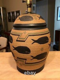 Vtg Mid Century Studio Pottery Stoneware Inuit Hand Decorated Whale Table Lamp