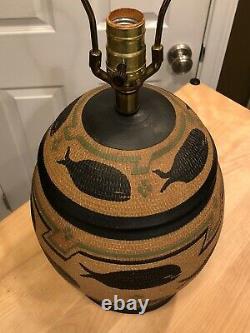 Vtg Mid Century Studio Pottery Stoneware Inuit Hand Decorated Whale Table Lamp