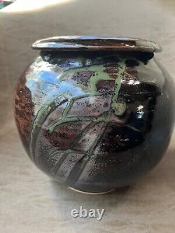Vtg Orcas Island Pottery Studio Abstract Vase Lid Raku Style Green Brown Signed