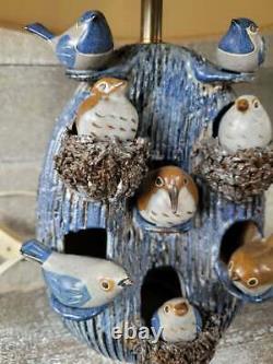 Vtg Organic Folk Art Birds Nest Whimsy Cabin Lodge Wildlife Studio Pottery Lamp