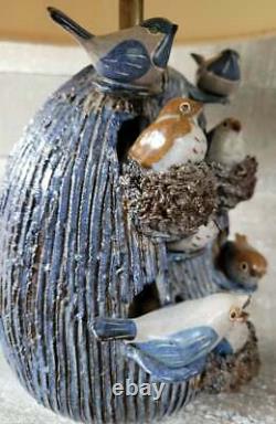 Vtg Organic Folk Art Birds Nest Whimsy Cabin Lodge Wildlife Studio Pottery Lamp