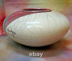 Vtg Postmodern Mindy Brunn Studio Pottery Raku Vase Bowl, Southwestern, 1989
