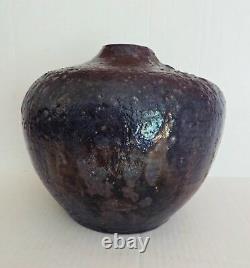 Vtg RAKU Studio Art Pottery Ceramic Fired Black Metallic Glaze Vase Signed J. W