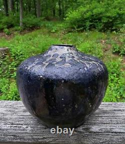 Vtg RAKU Studio Art Pottery Ceramic Fired Black Metallic Glaze Vase Signed J. W