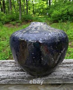 Vtg RAKU Studio Art Pottery Ceramic Fired Black Metallic Glaze Vase Signed J. W