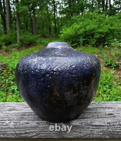 Vtg RAKU Studio Art Pottery Ceramic Fired Black Metallic Glaze Vase Signed J. W