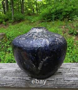 Vtg RAKU Studio Art Pottery Ceramic Fired Black Metallic Glaze Vase Signed J. W