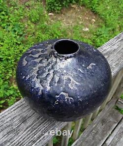 Vtg RAKU Studio Art Pottery Ceramic Fired Black Metallic Glaze Vase Signed J. W