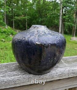 Vtg RAKU Studio Art Pottery Ceramic Fired Black Metallic Glaze Vase Signed J. W