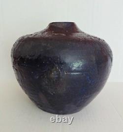 Vtg RAKU Studio Art Pottery Ceramic Fired Black Metallic Glaze Vase Signed J. W