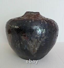 Vtg RAKU Studio Art Pottery Ceramic Fired Black Metallic Glaze Vase Signed J. W