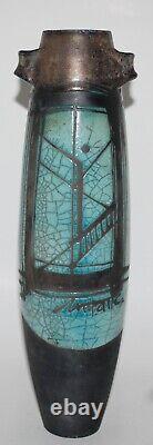 Vtg. Raku Studio Art Pottery Turquoise Crackle Glaze Vase Cubist Design Signed