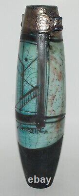 Vtg. Raku Studio Art Pottery Turquoise Crackle Glaze Vase Cubist Design Signed
