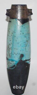 Vtg. Raku Studio Art Pottery Turquoise Crackle Glaze Vase Cubist Design Signed