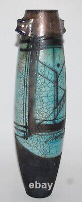 Vtg. Raku Studio Art Pottery Turquoise Crackle Glaze Vase Cubist Design Signed