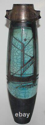 Vtg. Raku Studio Art Pottery Turquoise Crackle Glaze Vase Cubist Design Signed