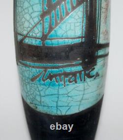 Vtg. Raku Studio Art Pottery Turquoise Crackle Glaze Vase Cubist Design Signed