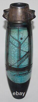 Vtg. Raku Studio Art Pottery Turquoise Crackle Glaze Vase Cubist Design Signed