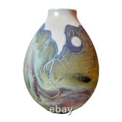 Vtg Raku Studio Iridescent Art Pottery Vase Vessel Signed Stunning Color