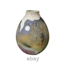 Vtg Raku Studio Iridescent Art Pottery Vase Vessel Signed Stunning Color