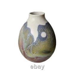 Vtg Raku Studio Iridescent Art Pottery Vase Vessel Signed Stunning Color