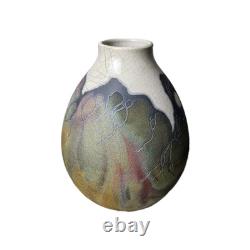 Vtg Raku Studio Iridescent Art Pottery Vase Vessel Signed Stunning Color