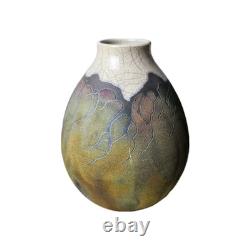 Vtg Raku Studio Iridescent Art Pottery Vase Vessel Signed Stunning Color