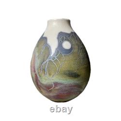 Vtg Raku Studio Iridescent Art Pottery Vase Vessel Signed Stunning Color