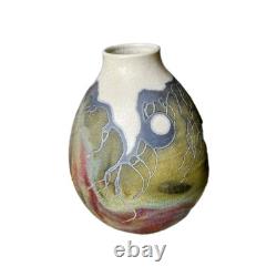 Vtg Raku Studio Iridescent Art Pottery Vase Vessel Signed Stunning Color