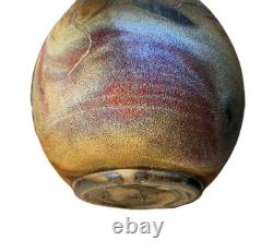 Vtg Raku Studio Iridescent Art Pottery Vase Vessel Signed Stunning Color